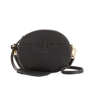 Tory Burch Round McGraw 2 Tassels Black Pebble Leather LogoCrossbody